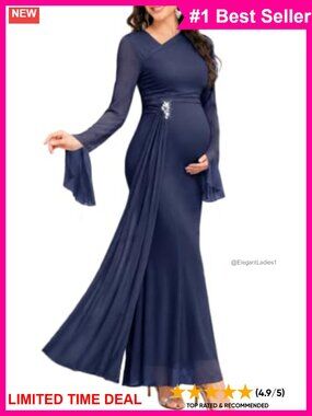 Maternity Formal Maxi Dress Ruched Mesh Bell Sleeve Gown